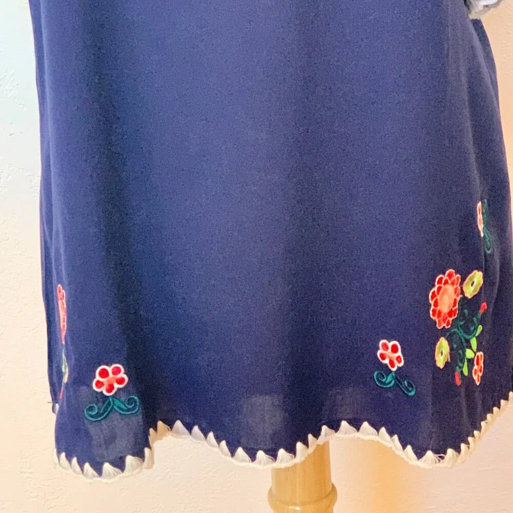 Navy blue cotton tunic top SZ Large Floral embroidery Short slit sleeves - Picture 4 of 7
